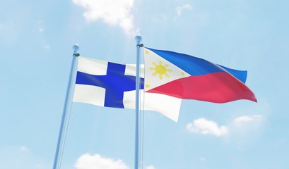 Philippines and Finland, two flags waving against blue sky. 3d image