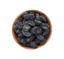 Bowl with raisins on white background, top view. Healthy dried fruit