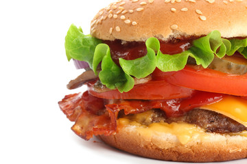 Tasty burger with bacon on white background, closeup
