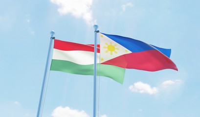 Philippines and Hungary, two flags waving against blue sky. 3d image