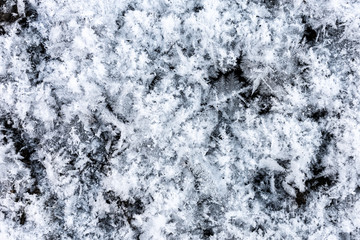 White ice crystals and snowflakes on a black background