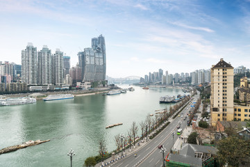 Yangtze River Riverside Highway and Modern Urban Architecture in Chongqing, China