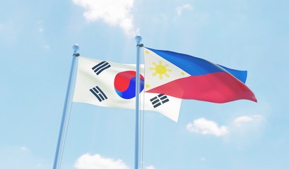 Philippines and South Korea, two flags waving against blue sky. 3d image
