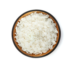 Bowl of boiled rice on white background, top view