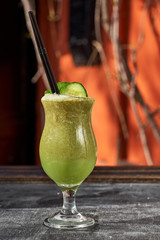 Vegetable cocktail. Cucumber smoothie close up.Natural morning light.