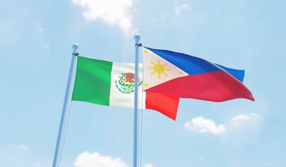 Philippines and Mexico, two flags waving against blue sky. 3d image