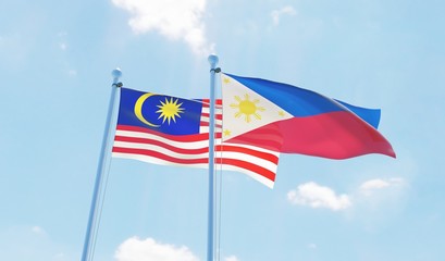 Philippines and Malaysia, two flags waving against blue sky. 3d image