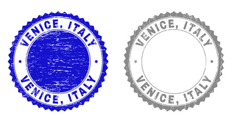 Obraz premium Grunge VENICE, ITALY stamp seals isolated on a white background. Rosette seals with grunge texture in blue and gray colors. Vector rubber watermark of VENICE, ITALY caption inside round rosette.