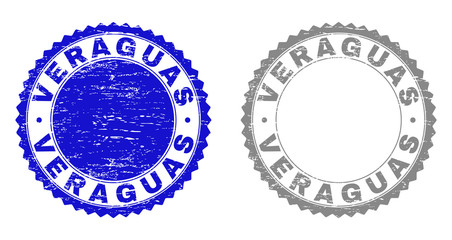 Grunge VERAGUAS stamp seals isolated on a white background. Rosette seals with grunge texture in blue and grey colors. Vector rubber watermark of VERAGUAS title inside round rosette.