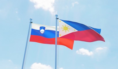 Philippines and Slovenia, two flags waving against blue sky. 3d image