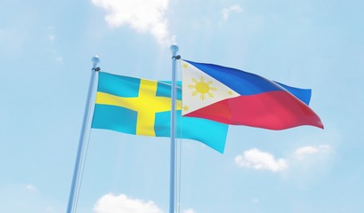 Philippines and Sweden, two flags waving against blue sky. 3d image