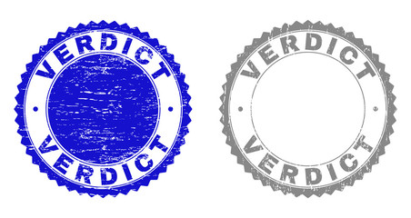 Grunge VERDICT stamp seals isolated on a white background. Rosette seals with distress texture in blue and grey colors. Vector rubber stamp imitation of VERDICT label inside round rosette.
