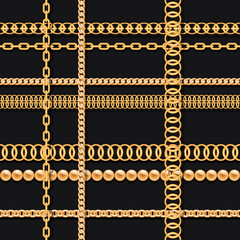Gold chains and beads on black luxury seamless pattern. For fashion design. Vector