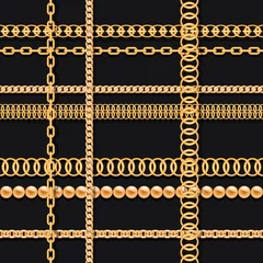 Foto op Plexiglas Zwart goud Gouden kettingen en kralen op zwart luxe naadloos patroon. Voor modeontwerp. Vector