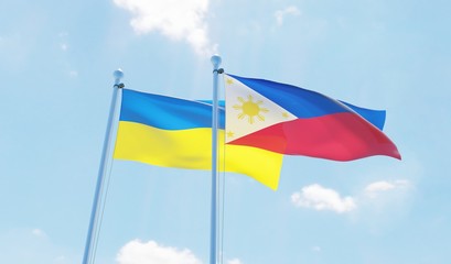 Philippines and Ukraine, two flags waving against blue sky. 3d image