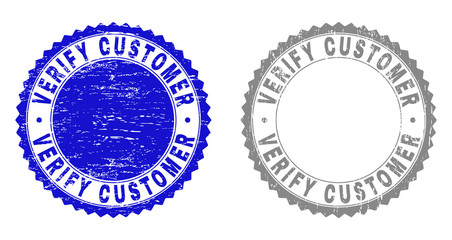 Grunge VERIFY CUSTOMER stamp seals isolated on a white background. Rosette seals with grunge texture in blue and grey colors.