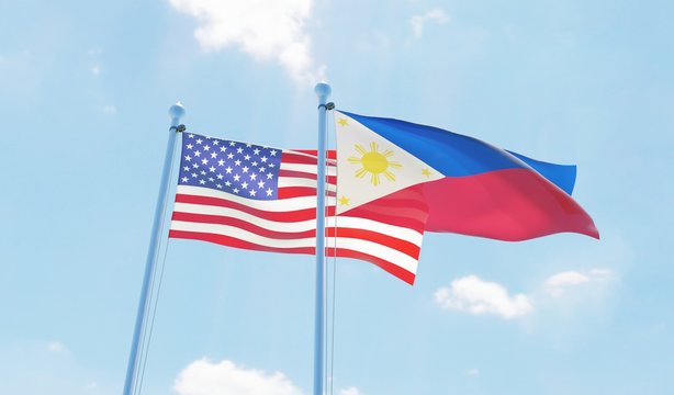 Philippines and USA, two flags waving against blue sky. 3d image