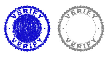 Grunge VERIFY stamp seals isolated on a white background. Rosette seals with grunge texture in blue and grey colors. Vector rubber watermark of VERIFY label inside round rosette.