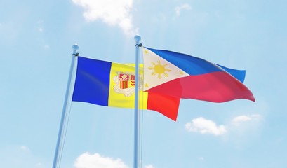 Philippines and Andorra, two flags waving against blue sky. 3d image