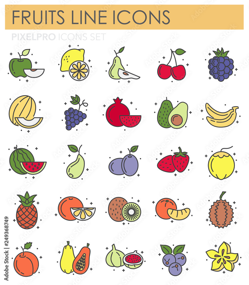 Poster fruit icons set on white background for graphic and web design, modern simple vector sign. internet 