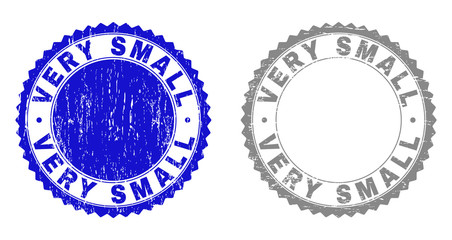 Grunge VERY SMALL stamp seals isolated on a white background. Rosette seals with distress texture in blue and gray colors. Vector rubber stamp imprint of VERY SMALL tag inside round rosette.
