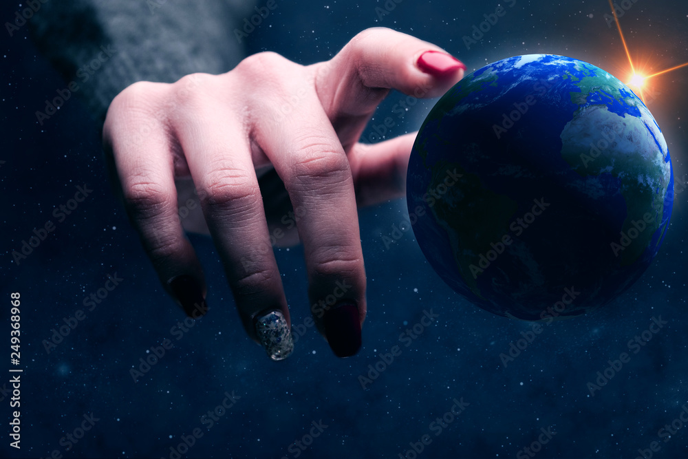 Aufkleber woman touching planet with finger. nebula dust in infinite space. mixed media.