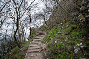 Forest rocky path leading up to the mountain in southern Moravia surrounding the abandoned castle Stony road full of trees