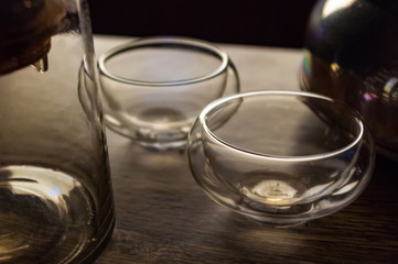 Vacuum glass tea cup for chinese puer tea, close-up, macro