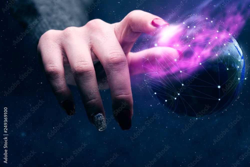 Poster Woman touching planet with finger and network web and purple nebula dust. Mixed media.