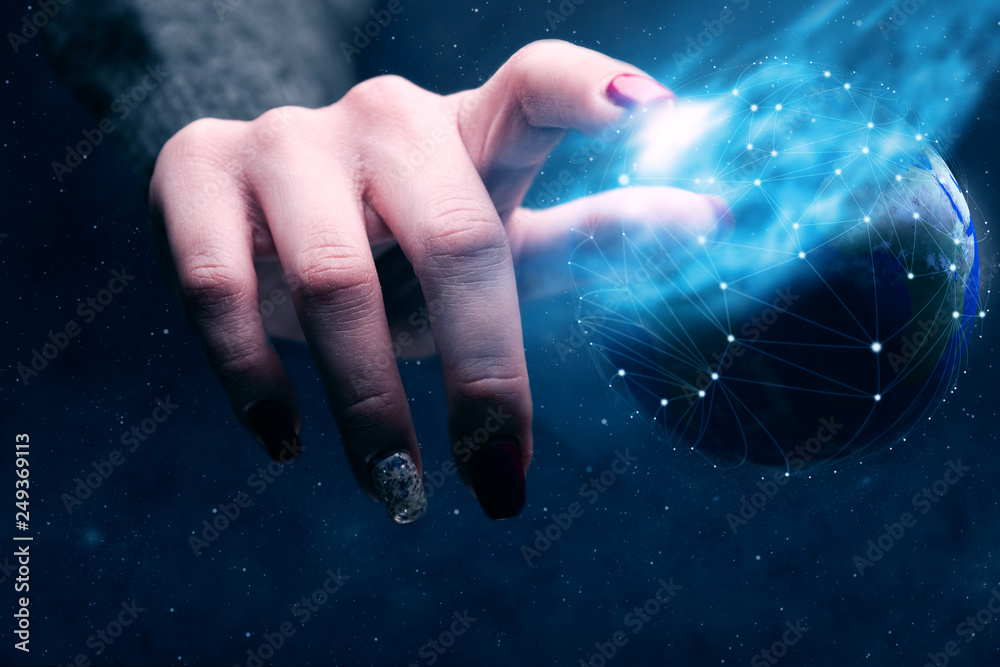 Aufkleber woman touching planet with finger and network web and blue nebula dust. mixed media.