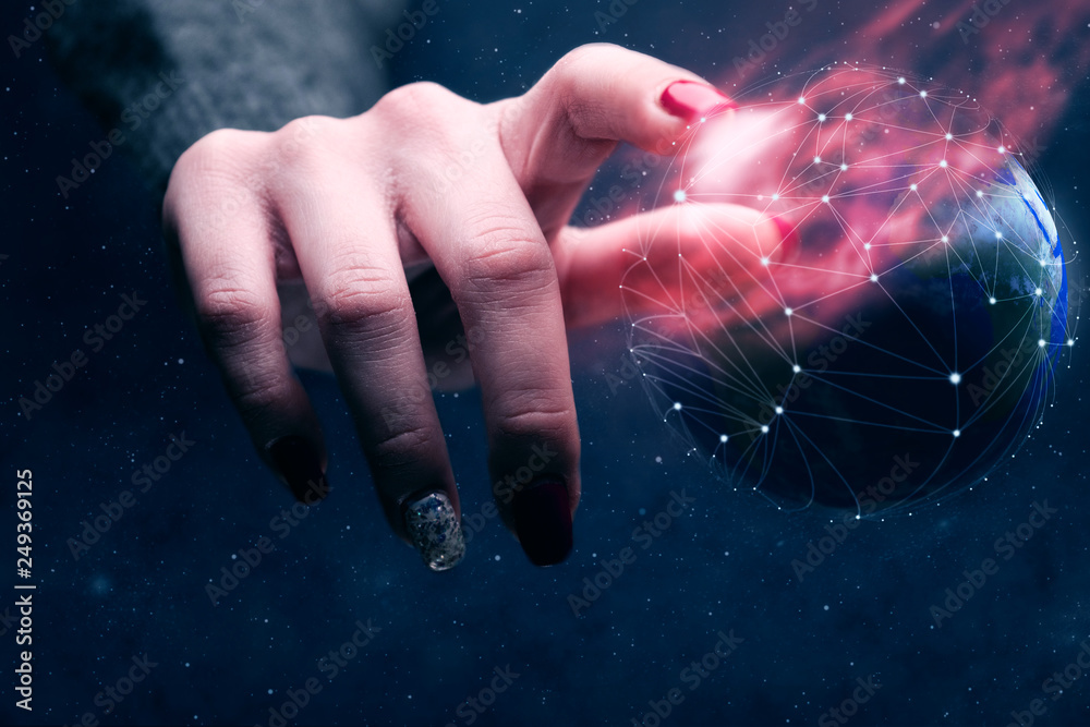 Aufkleber woman touching planet with finger and network web and burn nebula dust. mixed media.