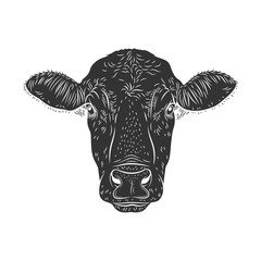 Cow calf bull’s head isolated on white background. Cattle logo. Butchery sign. Beef, farm symbol. Poultry. Black and white emblem, symbol, silhouette. Stamp. Vector stencil illustration. Sketch. 
