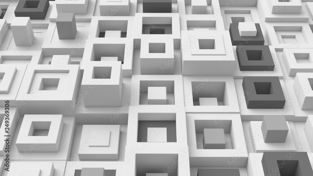 Poster abstract bright background with simple shapes at random height. low contrast 3d render of simple geo