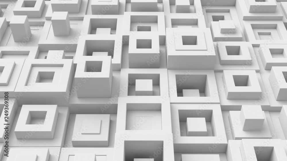 Poster abstract bright background with simple shapes at random height. low contrast 3d render of simple geo