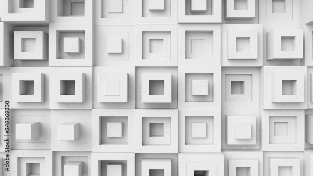 Poster abstract bright background with simple shapes at random height. low contrast 3d render of simple geo