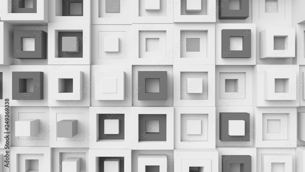 Poster abstract bright background with simple shapes at random height. low contrast 3d render of simple geo