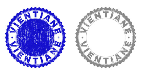 Grunge VIENTIANE stamp seals isolated on a white background. Rosette seals with distress texture in blue and gray colors. Vector rubber stamp imitation of VIENTIANE text inside round rosette.