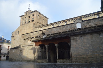 Fototapeta premium Entrance To The Cathedral Of Jaca Of Roman Style Dating In The XI Century In Jaca. Travel, Landscapes, Nature, Architecture. December 27, 2014. Jaca, Huesca, Aragon.