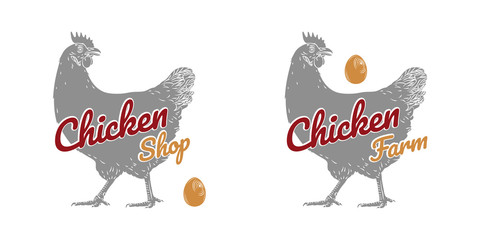 Chicken hen fresh, roster isolated vector logo, white back. For shop,  farm, butcher, poultry. Illustration. Label, sign, emblem, symbol, mascot. Set of logotypes. 