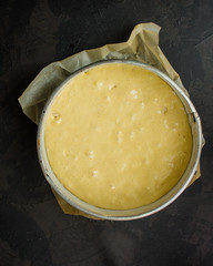 raw dough mix ingredients (eggs, flour and others). food background. copy space