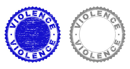 Grunge VIOLENCE stamp seals isolated on a white background. Rosette seals with grunge texture in blue and gray colors. Vector rubber stamp imprint of VIOLENCE text inside round rosette.
