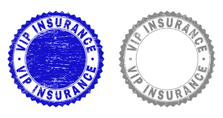 Grunge VIP INSURANCE stamp seals isolated on a white background. Rosette seals with grunge texture in blue and grey colors. Vector rubber overlay of VIP INSURANCE tag inside round rosette.