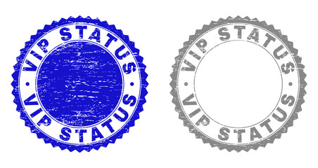 Grunge VIP STATUS stamp seals isolated on a white background. Rosette seals with grunge texture in blue and gray colors. Vector rubber overlay of VIP STATUS text inside round rosette.