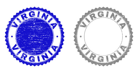 Grunge VIRGINIA stamp seals isolated on a white background. Rosette seals with grunge texture in blue and grey colors. Vector rubber watermark of VIRGINIA text inside round rosette.