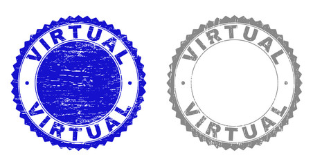 Grunge VIRTUAL stamp seals isolated on a white background. Rosette seals with grunge texture in blue and gray colors. Vector rubber stamp imprint of VIRTUAL title inside round rosette.