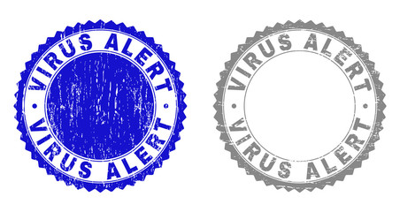 Obraz premium Grunge VIRUS ALERT stamp seals isolated on a white background. Rosette seals with grunge texture in blue and gray colors. Vector rubber overlay of VIRUS ALERT title inside round rosette.