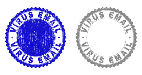 Grunge VIRUS EMAIL stamp seals isolated on a white background. Rosette seals with grunge texture in blue and grey colors. Vector rubber stamp imprint of VIRUS EMAIL label inside round rosette.