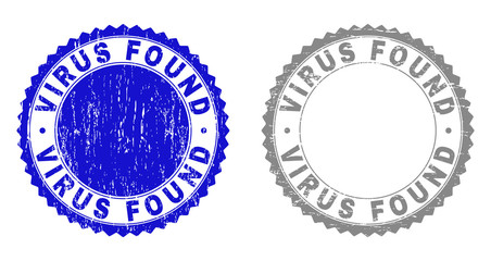 Obraz premium Grunge VIRUS FOUND stamp seals isolated on a white background. Rosette seals with grunge texture in blue and grey colors. Vector rubber watermark of VIRUS FOUND tag inside round rosette.