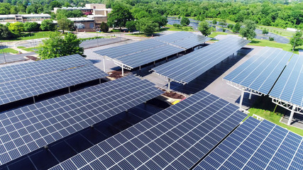solar power in car station, Aerial view of solar paneled covered parking roof - 249371742