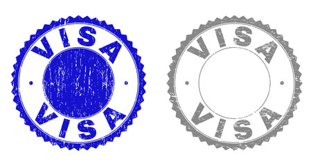Grunge VISA stamp seals isolated on a white background. Rosette seals with grunge texture in blue and grey colors. Vector rubber stamp imitation of VISA tag inside round rosette.